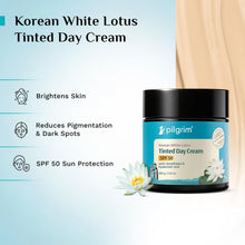 PILGRIM tinted day cream SPF 50 jar with white lotus flowers, black cap