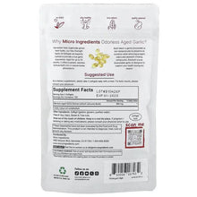 Odorless aged garlic extract supplement pouch back with supplement facts and barcode