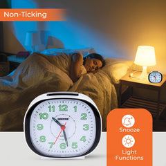 Geepas GWC26018 Bell Alarm Clock | Small Battery Operated | Analog Alarm Clock, Silent Non-Ticking, Ascending Beep Sounds, Snooze, Light Functions | Ideal for Study Room, Bed Room & More