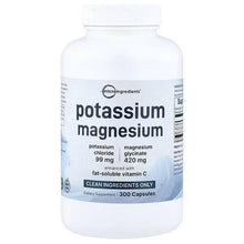 Potassium magnesium dietary supplement bottle, clean ingredients label with 300 capsules