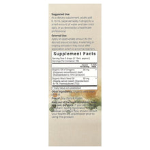 Organic oil of oregano supplement back label with supplement facts and directions