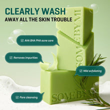 Green cleansing soap bars with embossed Some By Mi logo, bubbles and plant sprig
