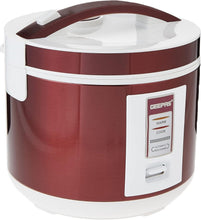 Red and white electric rice cooker with steamer lid and control panel