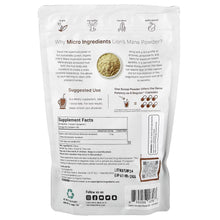 Organic lion's mane powder pouch, back label with supplement facts and ingredient text.