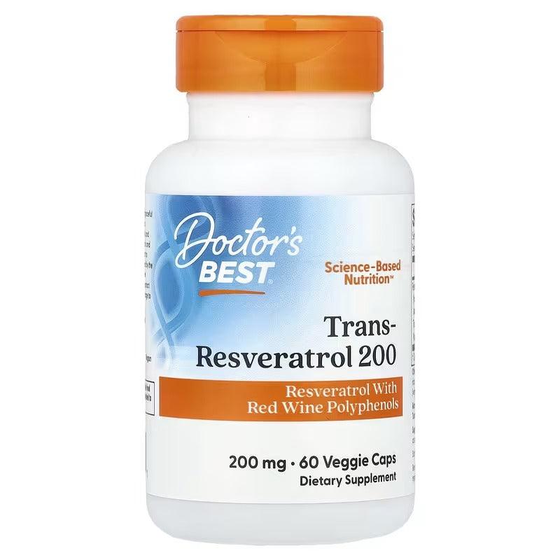 Trans-Resveratrol 200 supplement bottle with orange cap, 200 mg 60 veggie caps