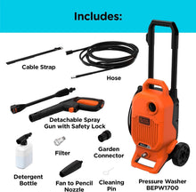 Electric pressure washer kit with hose, spray gun safety lock, filter, detergent bottle, and nozzles