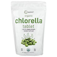Organic chlorella tablet supplement pouch with green tablet illustration, 720 tablets