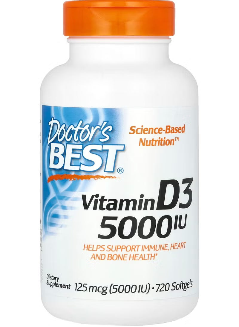 Vitamin D3 5000 IU softgels bottle, orange cap, 720 softgels.