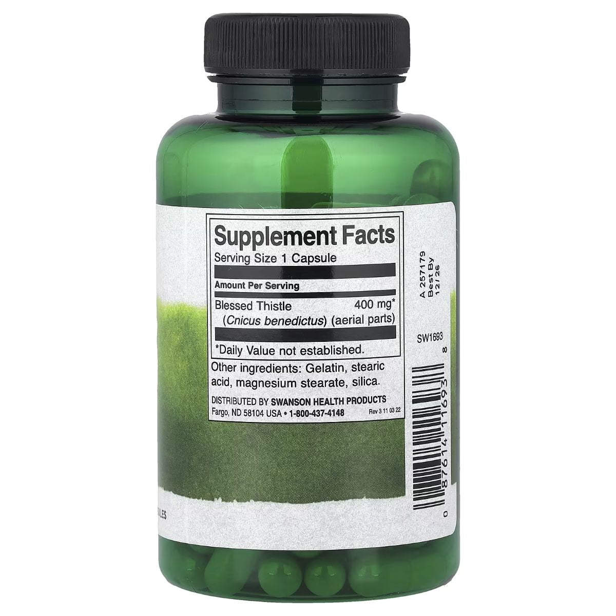 Swanson Blessed Thistle herbal supplement bottle, back Supplement Facts label