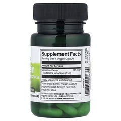 Genistein vegan supplement bottle, green capsules, Supplement Facts label on front