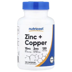 Nutricost Zinc + Copper Supplement – Essential Mineral Support for Immune Health & Wellness, 120 Capsules