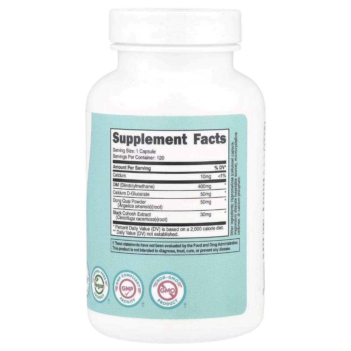 DIM supplement facts label on bottle, serving size 1 capsule, 120 servings