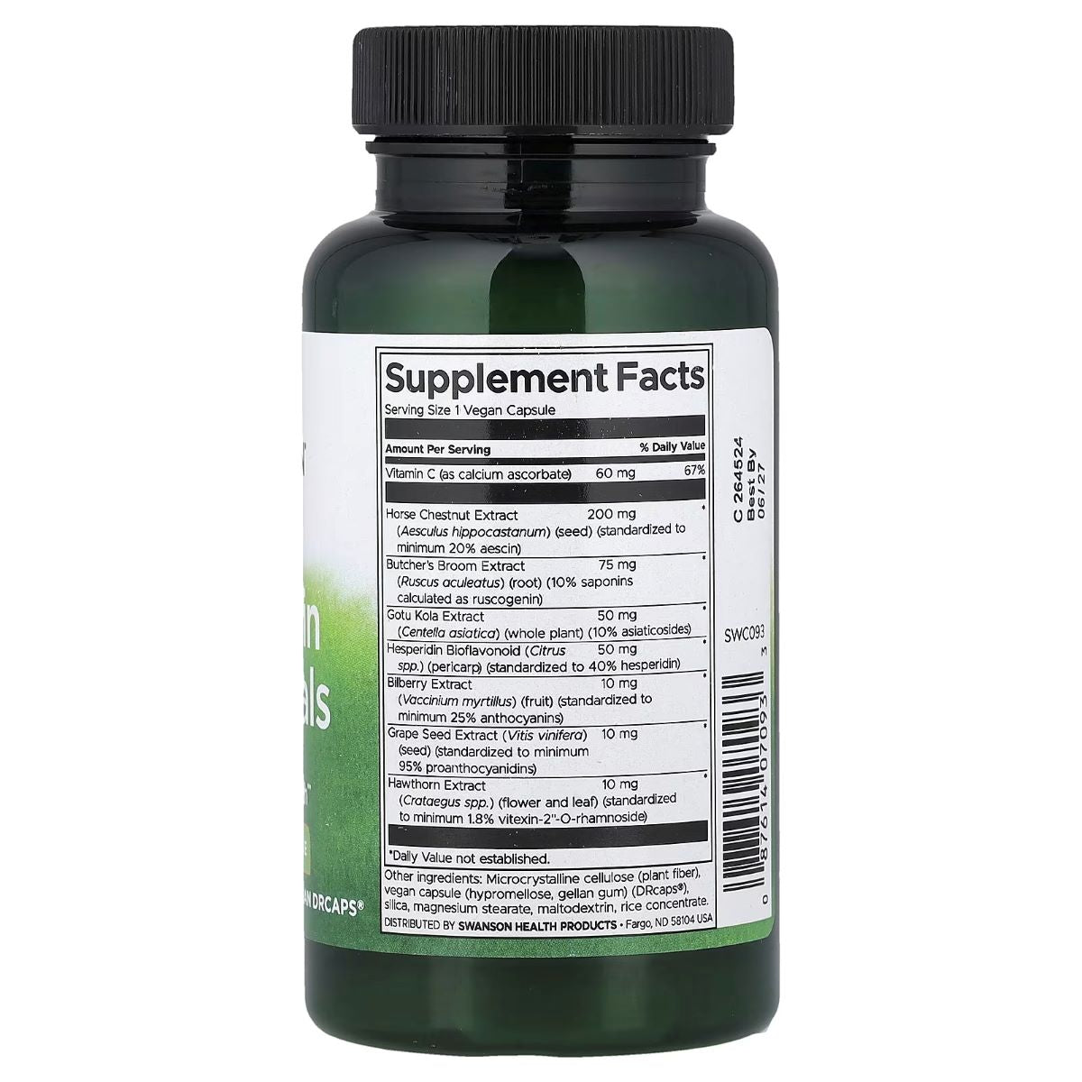 Vegan dietary supplement bottle with black cap and Supplement Facts label on back