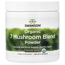 Organic 7 mushroom blend powder supplement jar with Swanson label and white cap