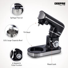 Black tilt-head stand mixer with stainless bowl, head lock, and splash lid