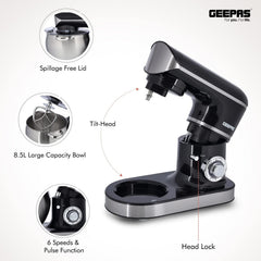 Geepas 1500W Stand Mixer With 8.5Lstainless Steel Mixing Bowl - Ideal For Bread & Dough | 6 Speed With Pulse, & Eject Button | Whisk, Beaters & Dough Hook | 2 Year Warranty, Multicolor, Gsm43040
