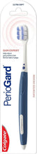 PerioGard ultra-soft toothbrush with dark blue handle and white bristles; gum expert.