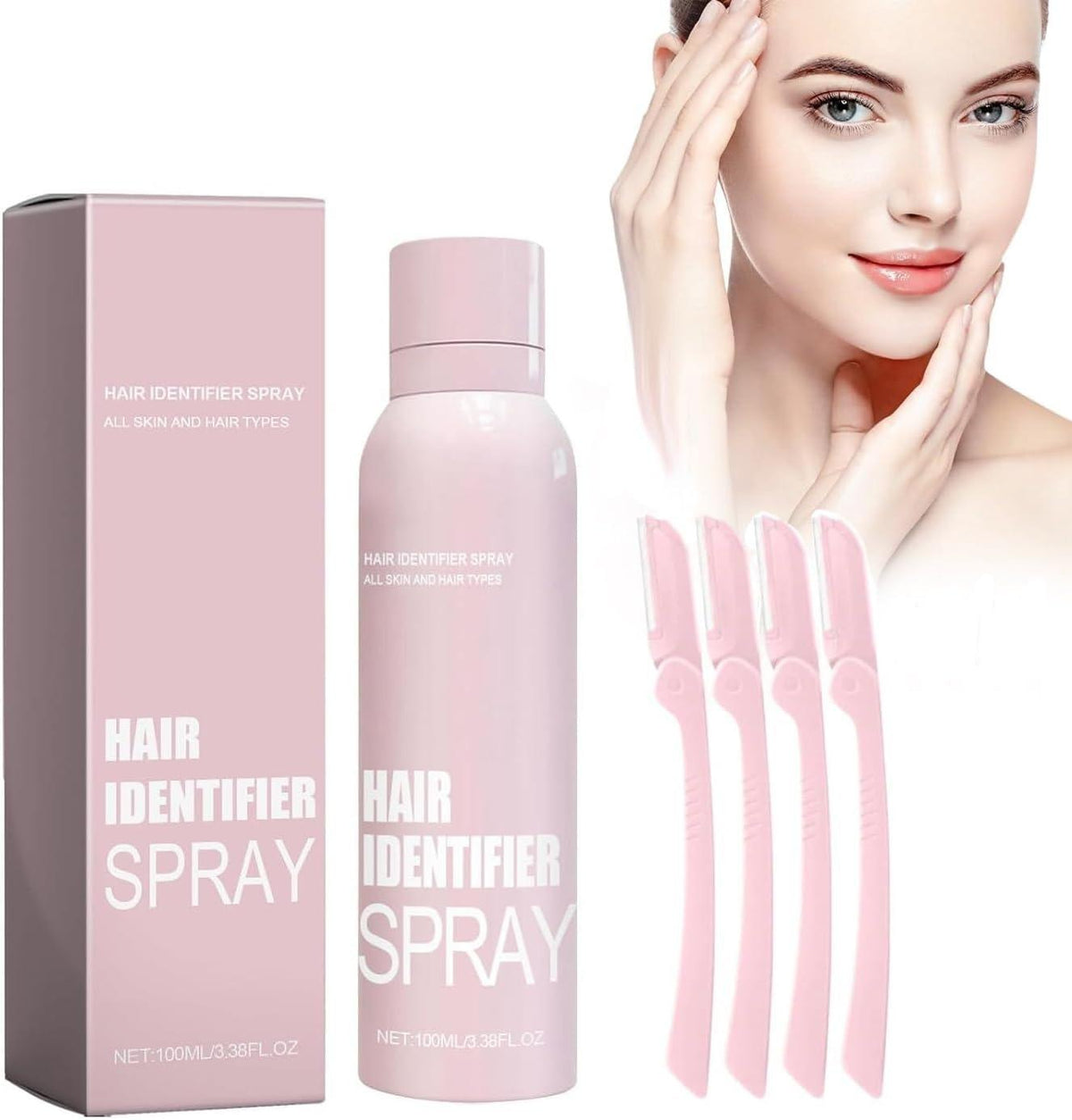 Hair identifier spray bottle and pink carton, for face hair marking
