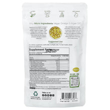Back of vegan omega-3 algae oil pouch with supplement facts panel and barcode