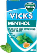 Vicks Menthol soothing throat drops box, 40g, sugar-free.