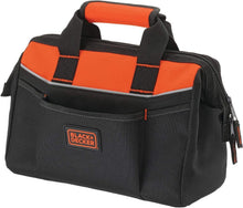 Black+Decker tool bag with orange top panel, black base, front zip pocket and handle
