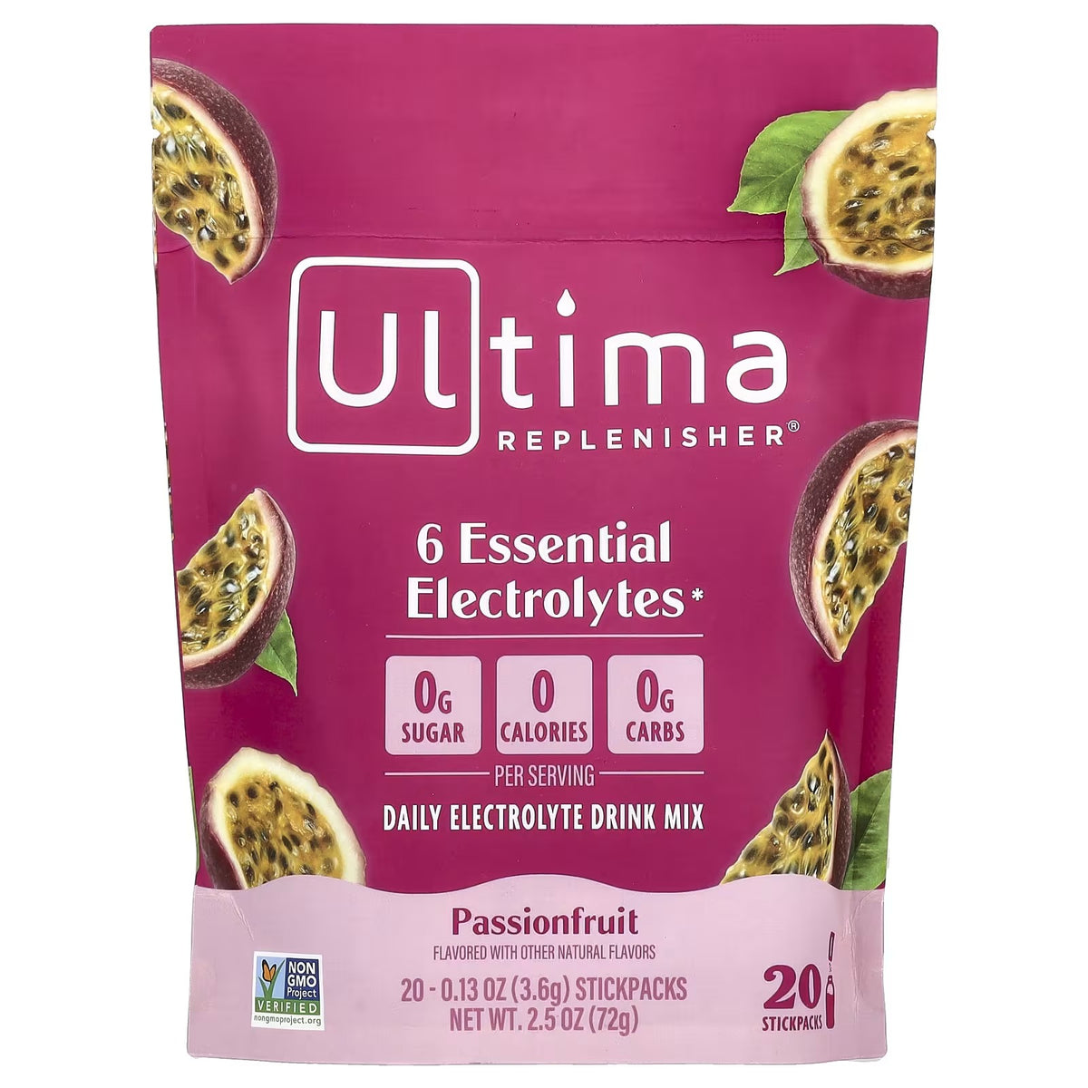 Ultima Replenisher, 6 Essential Electrolytes, Daily Electrolyte Drink Mix, Passionfruit, 20 Stick Packs, 3.6 g (0.13 oz) Each