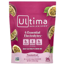 Ultima Replenisher passionfruit electrolyte drink mix, 20 stick packs, front pouch