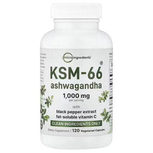 KSM-66 ashwagandha supplement bottle with white cap, 120 vegetarian capsules