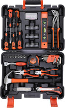Hand tool kit in black case with orange screwdrivers, bits, pliers, tape measure