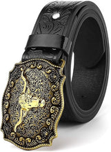 Black leather cowboy belt with ornate gold-tone bull buckle