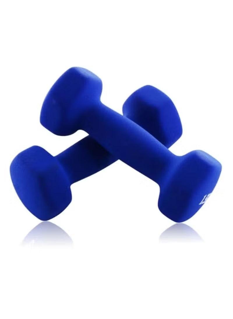 Blue neoprene dumbbell pair, contoured grip ends for workouts