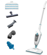 Steam mop with swivel head, white microfiber pad, and nozzle/brush accessories