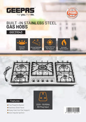 Geepas 5-in-1 Built In Gas Hob- GGC31043| Five Burner Gas Stove with Separate Ignition, Low Gas Consumption and Improved Gas Flow for Efficient Heating| Auto Ignition System| Silver, 2 Years Warranty
