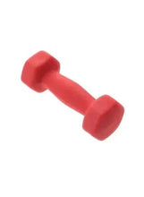 Red neoprene dumbbell with hex-shaped ends, textured grip handle.