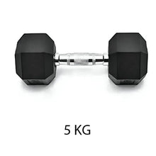 Hex rubber dumbbells with chrome handle, pair showing 5 kg each