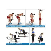 Hex rubber dumbbell with blue workout guide, multi-exercise use