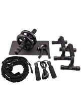 Workout kit with ab wheel, mat, cords, and handles, black