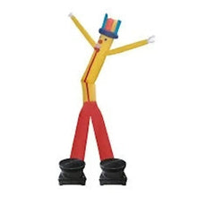 Inflatable dancing tube man, yellow arms, red pants, black shoes, blue hat