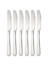 Stainless steel dinner knife set, six-piece—rounded serrated blade and slim handle.