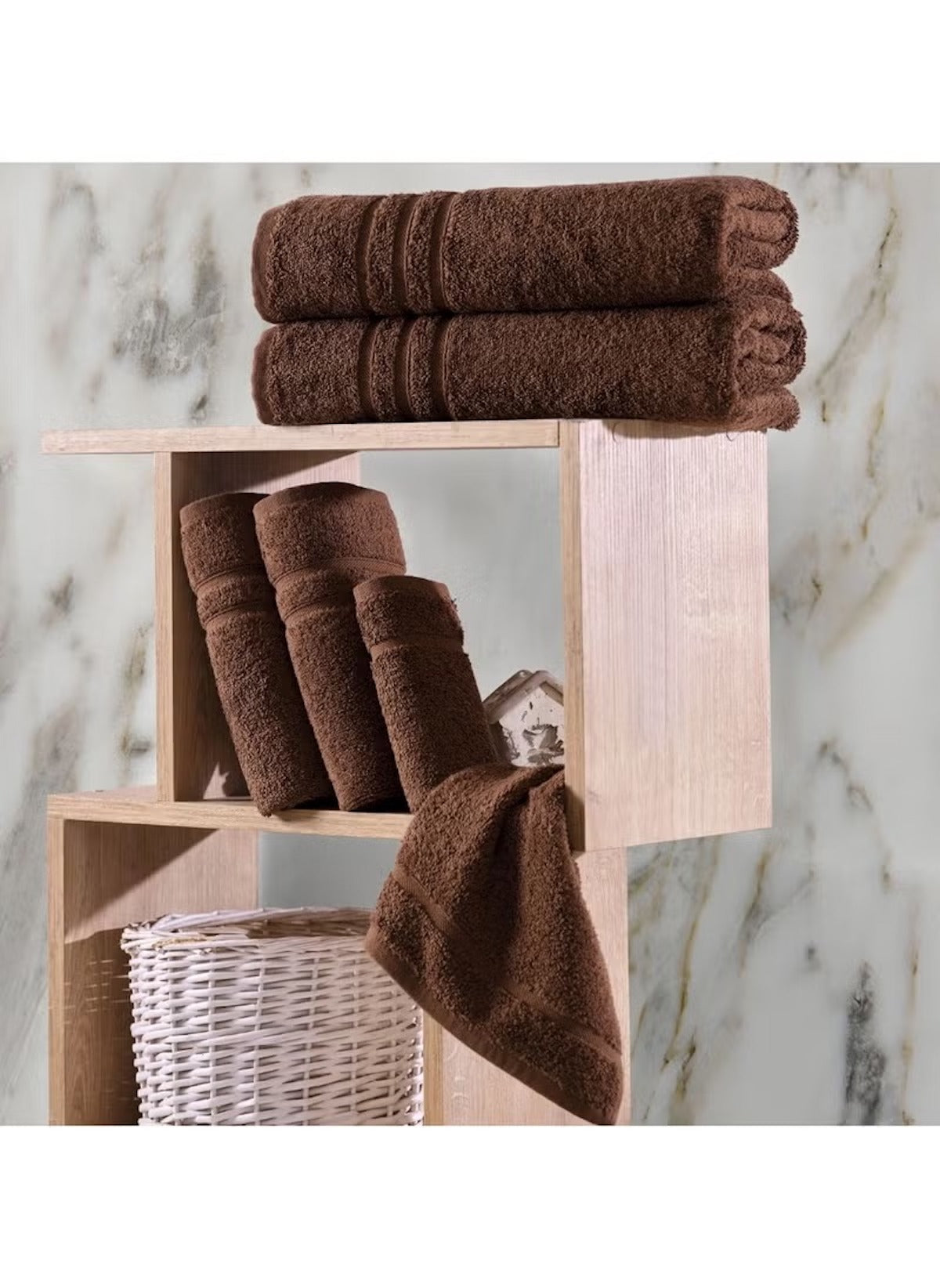 Huitich 6 piece towel set in brown stacked on wooden shelves with a white wicker basket