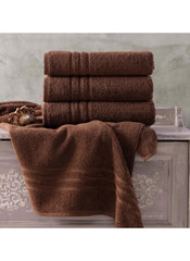 Huitich 6 piece towel set in rich brown color stacked on vintage wooden dresser