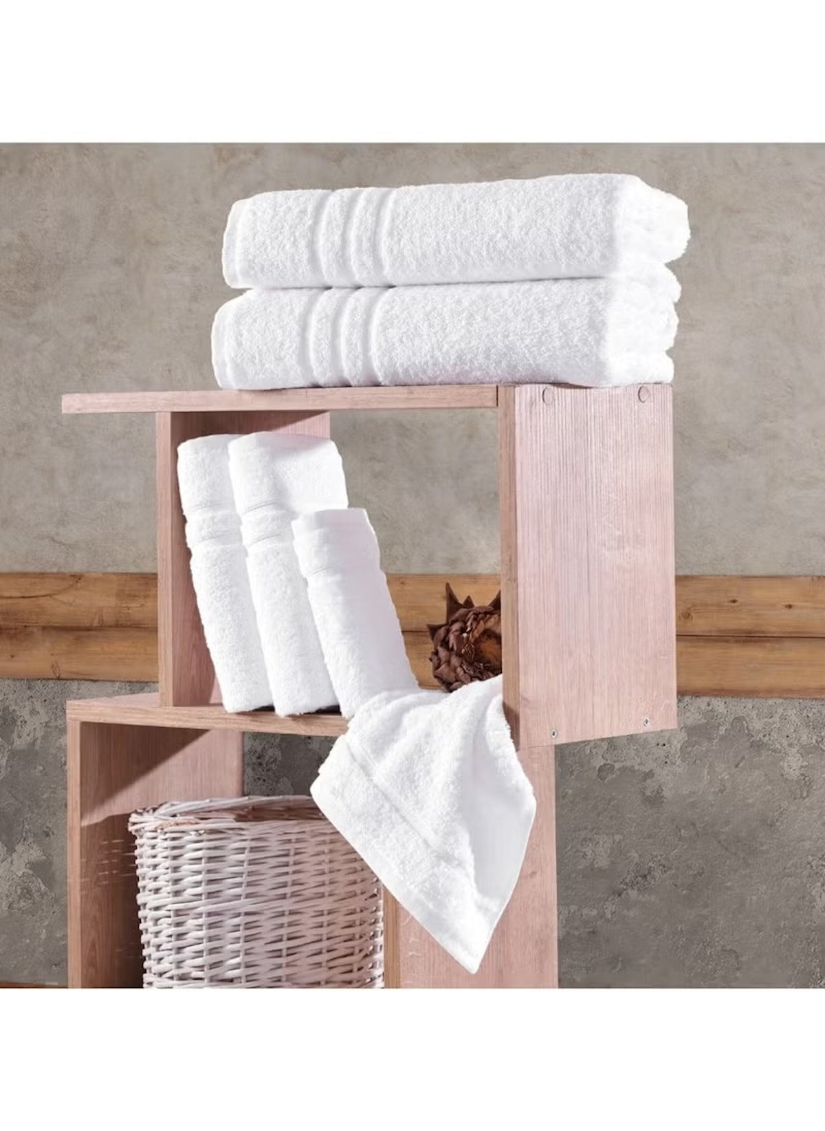 Huitich 6 piece towel set of white plush towels displayed on wooden shelves with a wicker basket