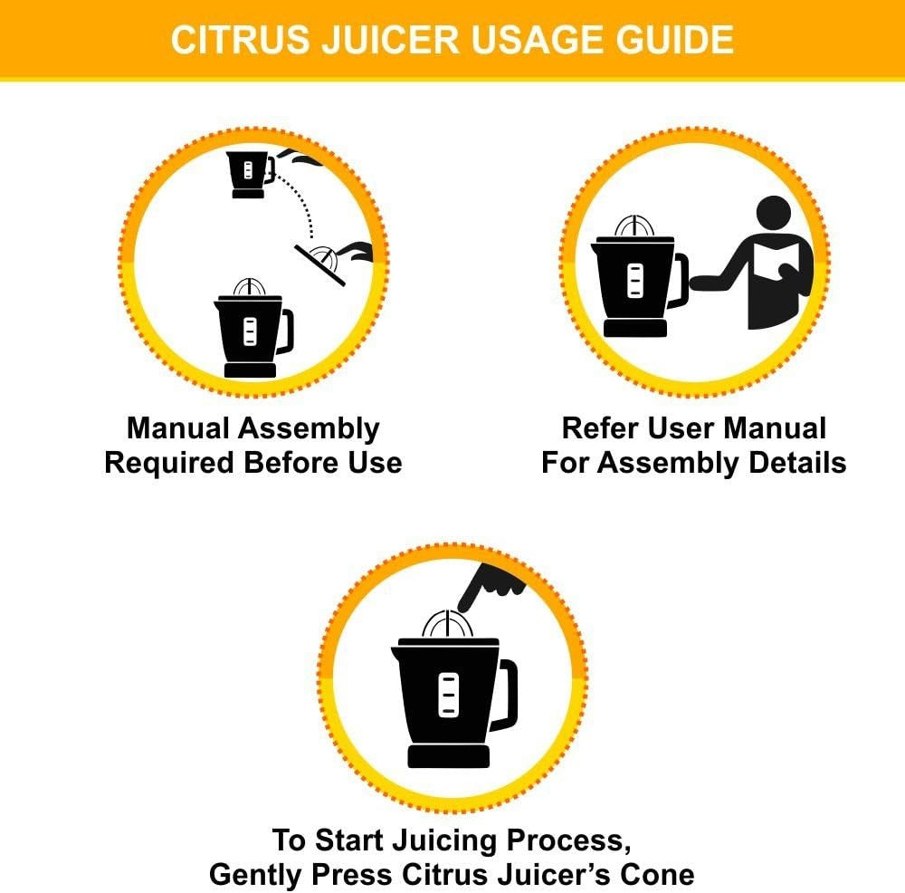 Citrus juicer manual assembly guide, showing press on the cone for juicing.