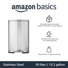 Stainless steel kitchen bin with foot pedal and soft-close lid, satin nickel finish.