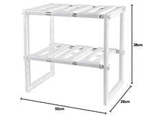 White 2-tier expandable under-sink storage rack with slatted shelves and side supports