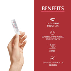 Bálsamo labial activo Eucerin pH5 con dexpantenol y vitamina E. Cuidado labial para labios ásperos. Protección UVA y UVB. FPS 20. Calma, hidrata y protege. Para labios secos y deshidratados. 4,8 g. El envase puede variar.