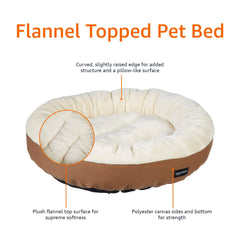 Round Bolster Pet Bed with Flannel Top, 20-Inch, Brown and Ivory