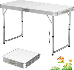 Folding Trestle Outdoor Camping Table, Aluminum Alloy Folding Picnic Table, Lightweight Trestle Camping Table For BBQ Party, Folds in Half with Carry Handle, White(120×60×70cm)