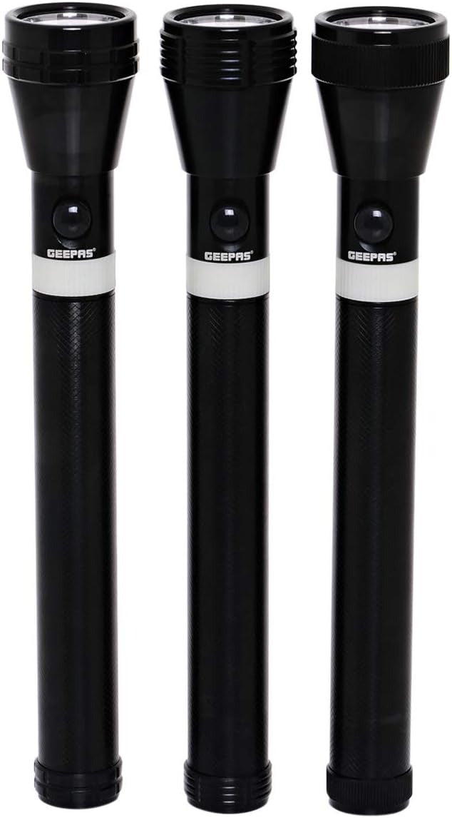 Geepas 3-in-1 Rechargeable LED Flashlight, CREE LED, GFL4622 | Aluminium Body with Rubber Glow | Ni-Cd Battery | Ideal for Campaigning, Trekking, Outdoor, Etc