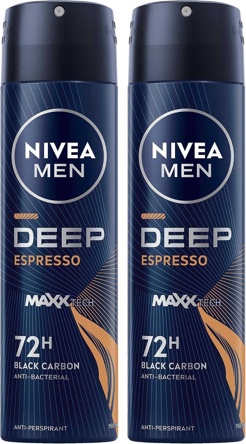 NIVEA MEN Antiperspirant Spray for Men, 72h Protection, DEEP Black Carbon Antibacterial, Espresso Scent, 2x150ml